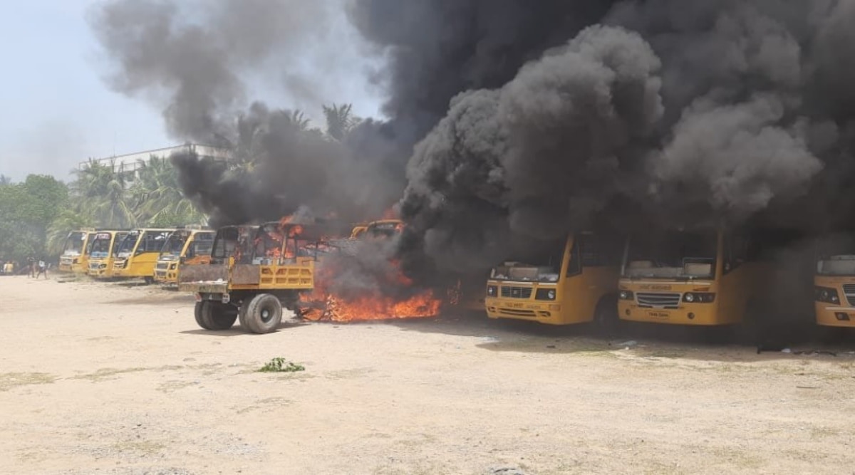 The agitators stormed the premises of a school at nearby Chinnasalem and set buses parked inside the institution's premises on fire and attacked police personnel as well, police said. (Sourced image/Express)