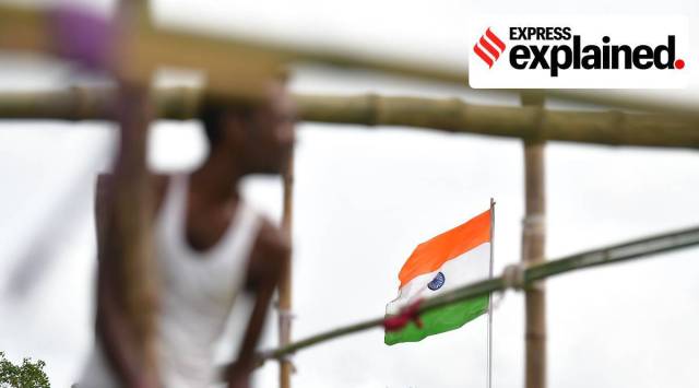 A temporary stage is built for Independence Day celebrations in Agartala in 2020. (Express Photo/File)