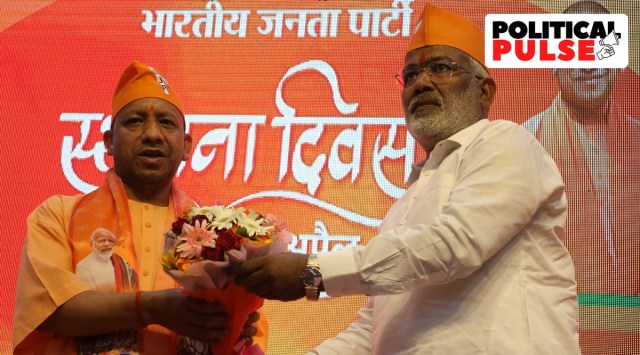 Uttar Pradesh Chief Minister Yogi Adityanath along with state BJP president Swatantra Dev Singh at Bhartiya Janta Party foundation day function in Lucknow. (Express photo by Vishal Srivastav/File)
