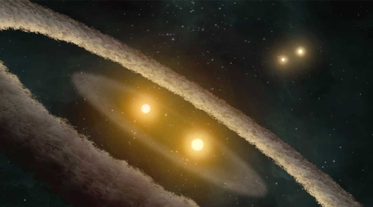 Artist’s interpretation of HD 98800, a quadruple-star system located 150 light-years away in the constellation TW Hydrae. Researchers suggest that the more massive tertiary-star system TIC 470710327 could have started in a similar configuration – two binary systems with one of them eventually merging into one, bigger star. (Image credit: NASA/JPL-Caltech/UCLA)
