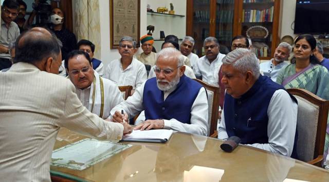 NDA’s candidate for Vice President’s post Jagdeep Dhankhar, with Prime Minister Narendra Modi. (Express photo by Prem Nath Pandey)