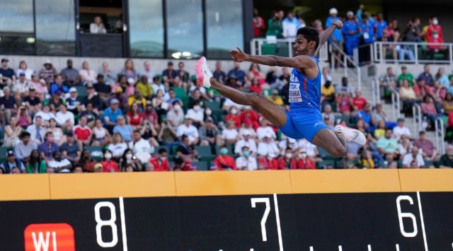Murali Sreeshankar of India, competes during the men's long jump final at the World Athletics Championships. (AP)