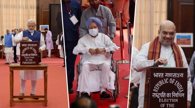 Narendra Modi; Manmohan Singh; Amit Shah in Parliament to vote for Presidential polls today.