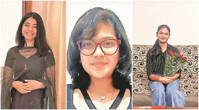 (Left to Right): Amrit Singh, 98.50%; Mahek Vijayvergiya, 97%; Shubhreet Kaur, 96.75%