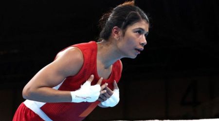 Nikhat Zareen reacts during her round of 16 fight with Mozambique's Helena Ismael Bagao (Reuters)