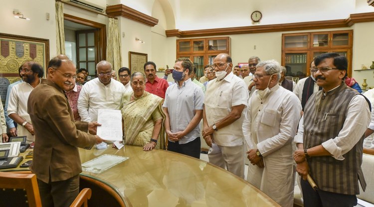 Opposition parties' Vice Presidential candidate Margaret Alva files her nomination papers in the presence of Rahul Gandhi, Mallikarjun Kharge, Sharad Pawar, Sitaram Yechury, Adhir Ranjan Chowdhury and other opposition leaders at Parliament House (PTI)