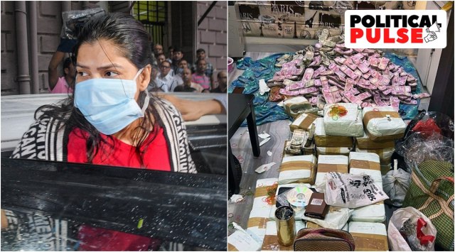 Huge amount of cash recovered from the residence of Arpita Mukherjee (left), a close aide of West Bengal Minister Partha Chatterjee. (PTI/ANI)