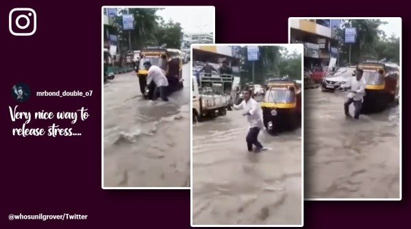 Auto driver dancing in middle of the road, auto driver dancing in flooded street, Auto driver dancing video viral, waterlogging india, Indian Express