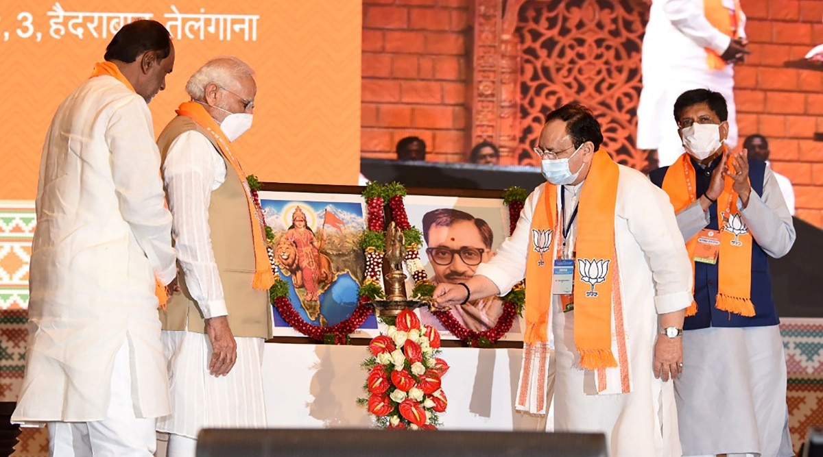 Prime Minister Narendra Modi with BJP National President J P Nadda and Union Minister Piyush Goyal during the BJP's National Executive meeting in Hyderabad. (PTI)