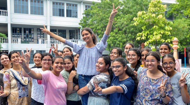 Students celebrate after the declaration of CBSE Class 10th exam results, in Amritsar, Friday (PTI Photo)