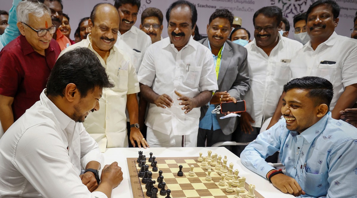 DMK leader Udhayanidhi Stalin during a test competition to assess the preparedness ahead of the 44th Chess Olympiad in Mamallapuram, Sunday.(PTI Photo)