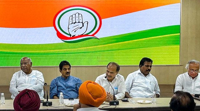 Congress leaders Mallikarjun Kharge, K.C. Venugopal, Adhir Ranjan Chowdhury, Jairam Ramesh and others during a strategic meeting, a day before Congress National President Sonia Gandhi's appearance before the Enforcement Directorate, at the party headquarters in New Delhi. (PTI Photo)
