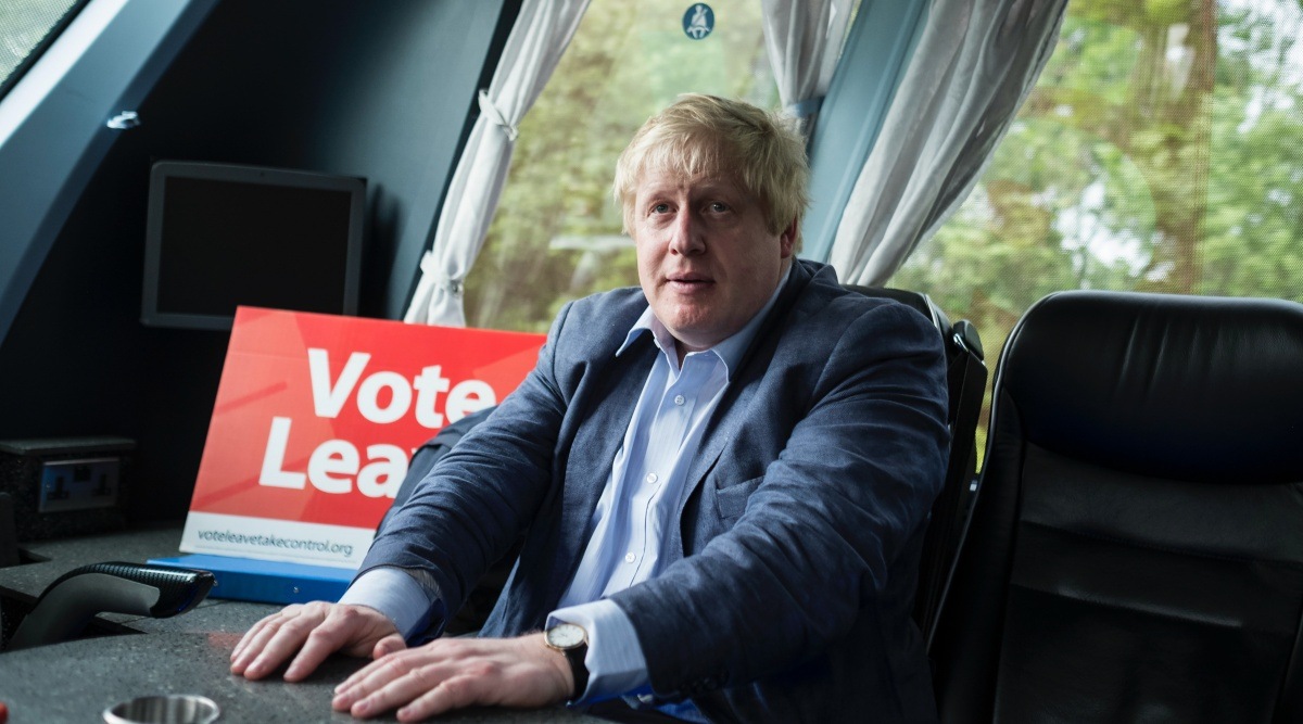 Boris Johnson, the former mayor of London, on a bus while campaigning ahead of the vote to stay in or leave the European Union, in Preston, England, June 1, 2016. Long after British Prime Minister Johnson is gone, his successors will be wrestling over his signature project, Brexit, and the insoluble issues it raised. (Adam Ferguson/The New York Times)