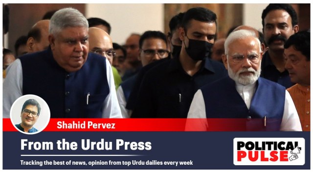 NDA's vice-presidential candidate Jagdeep Dhankhar with Prime Minister Narendra Modi  after filing his nomination paper at Parliament House in New Delhi on Monday. (Express photo by Prem Nath Pandey)