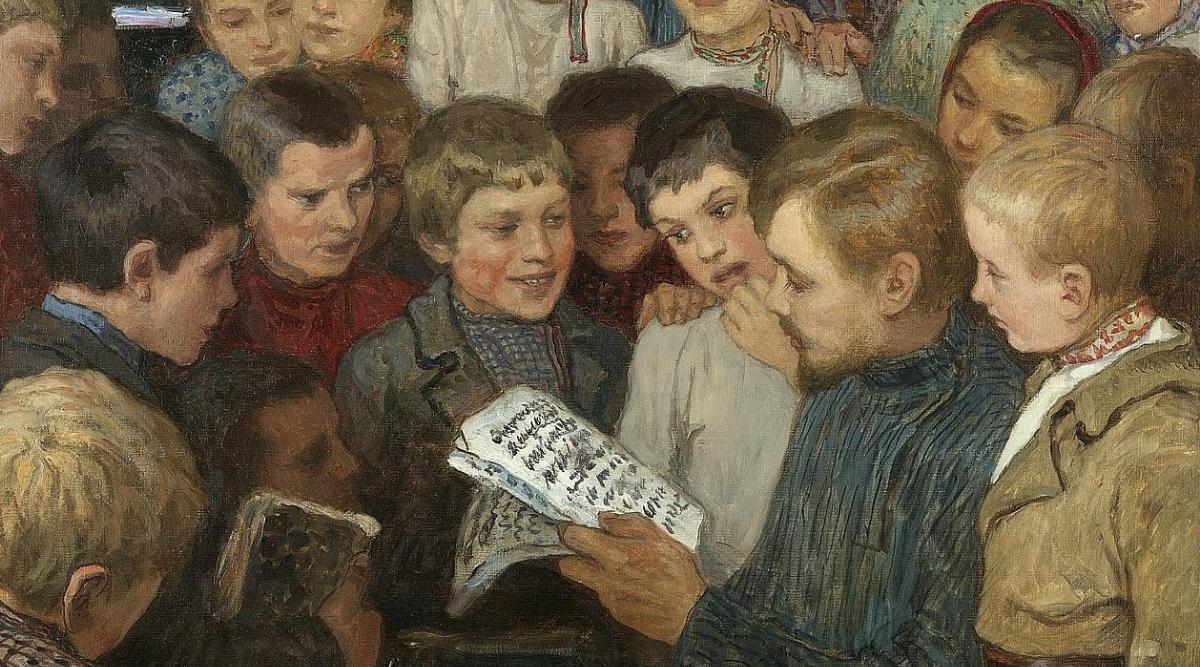 painting of children gathered to read news