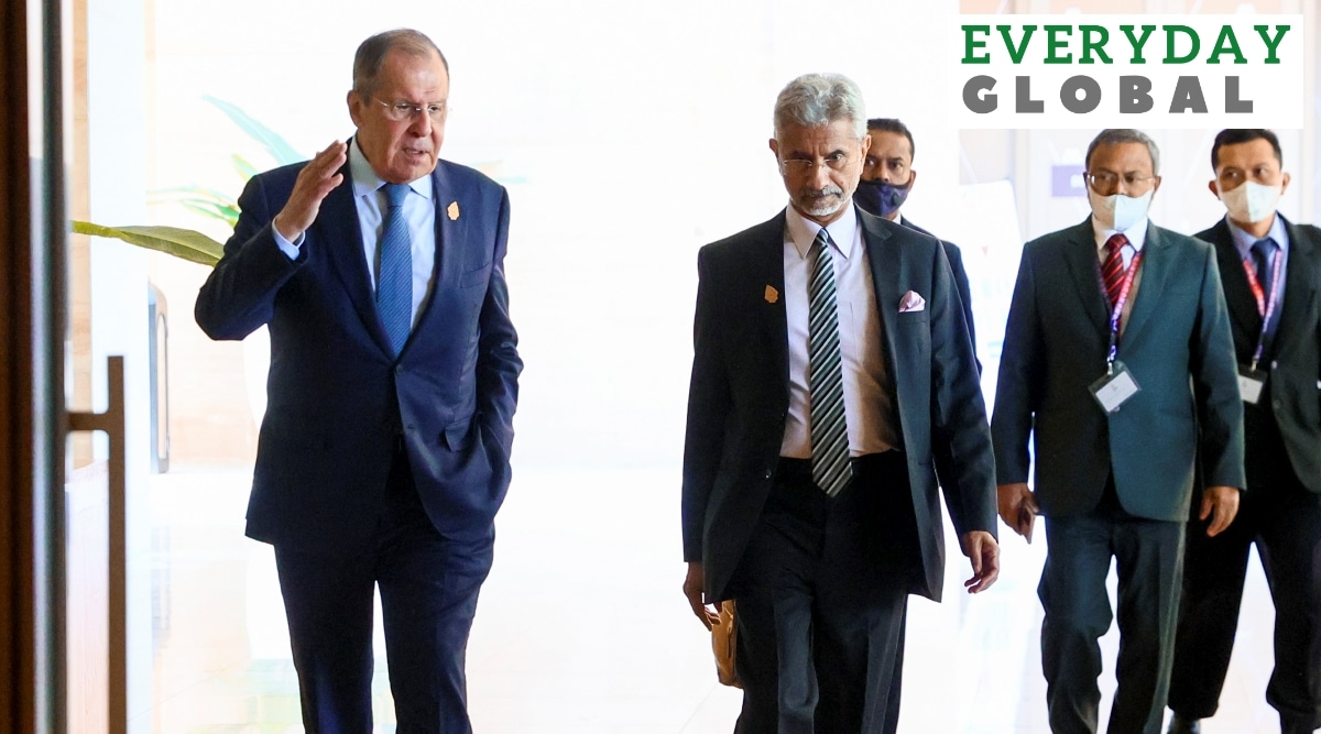 In this handout photo released by Russian Foreign Ministry Press Service, Russian Foreign Minister Sergey Lavrov, left, and Indian Foreign Minister Subrahmanyam Jaishankar walk together during their bilateral meeting ahead of the G20 Foreign Ministers' Meeting in Nusa Dua, Bali, Indonesia, Friday, July 8, 2022. (Russian Foreign Ministry Press Service via AP)