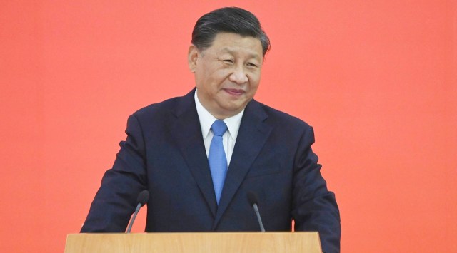 China's President Xi Jinping delivers a speech after arriving for the upcoming handover anniversary by train in Hong Kong, June 30, 2022. (AP)