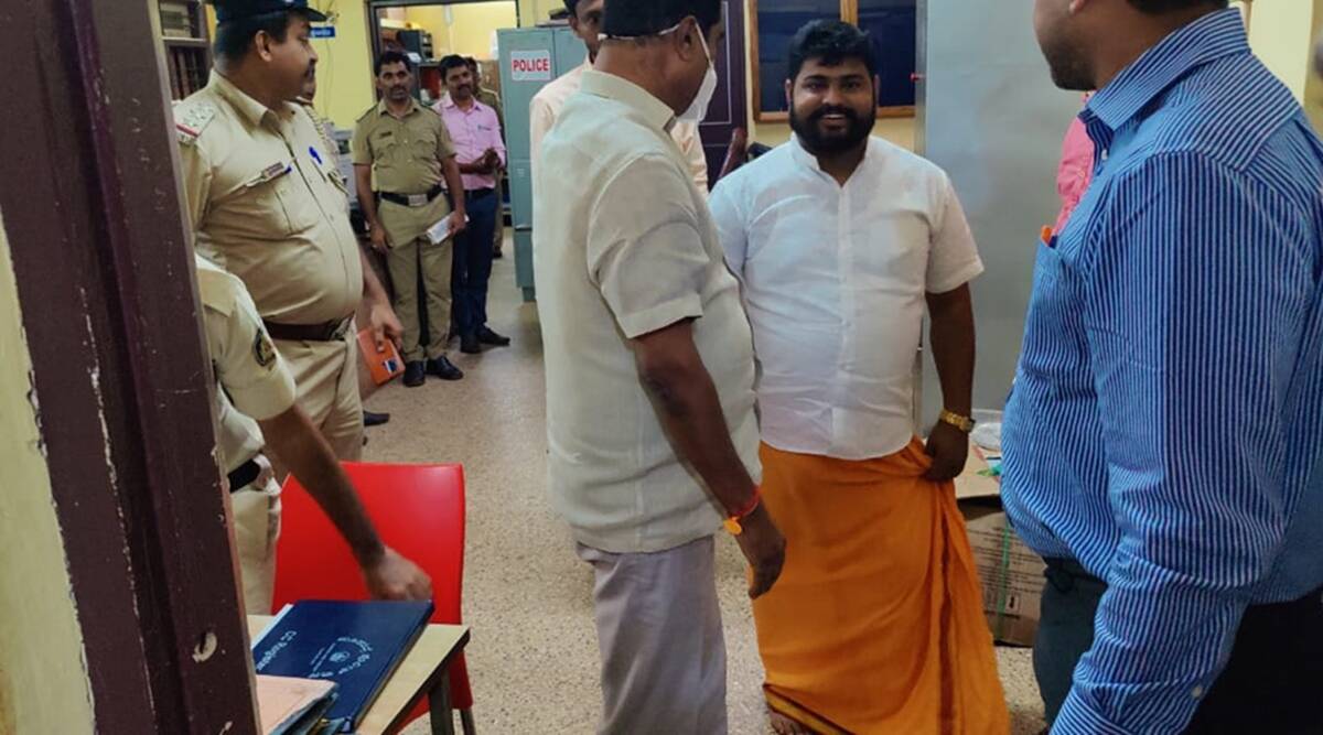 Samhith Raj, one of the right-wing activists involved in a moral policing incident in Moodbidri in Mangalore on October 9 last year, leaves the local police station after being released on bail. (File photo/Twitter)