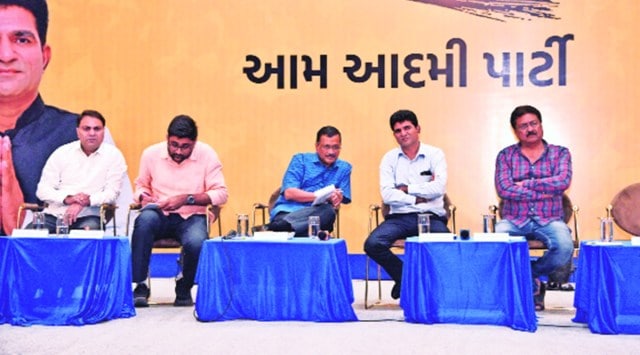 Arvind Kejriwal at a townhall in Rajkot on Tuesday. (Express photo)