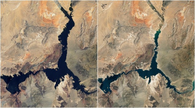 NASA has released images that show the sharp decline in water levels in America's Lake Mead over the past 22 years. (Photos via NASA)