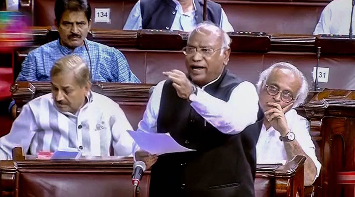 Congress MP Mallikarjun Kharge speaks in the Rajya Sabha during ongoing Monsoon Session of Parliament, in New Delhi, Monday, July 25, 2022. (SANSAD TV/PTI Photo)