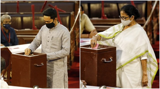 On Monday, lawmakers of both the parties were seen queuing up in the Assembly since morning to cast their votes as the polling process began at 10 am.
(Express Photo)