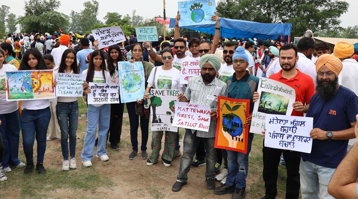 People gathered on the call of People Action Committee to  the protest against the proposed textile park on the banks of the Satluj river along with the   Mattewara forest area in Ludhiana on Sunday.Express Photo by Gurmeet Singh10/07/2022