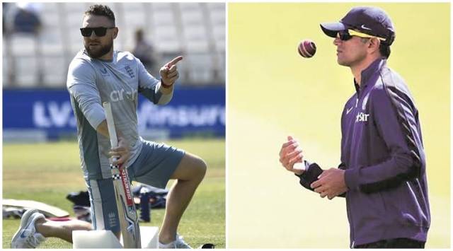 England head coach Brendon McCullum and Indian team head coach Rahul Dravid. (AP Photo)