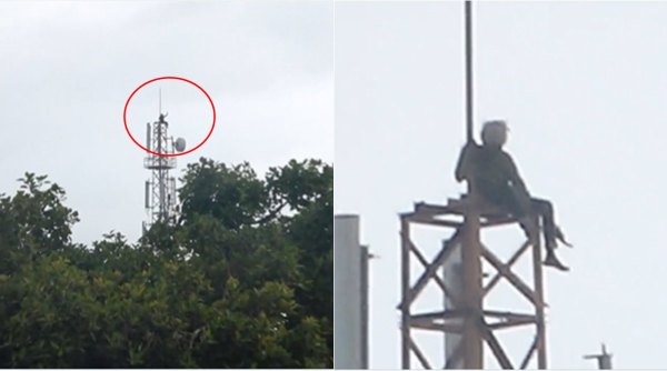 man climbs mobile tower, drunken man mobile tower, man demand wife come back home, indian express
