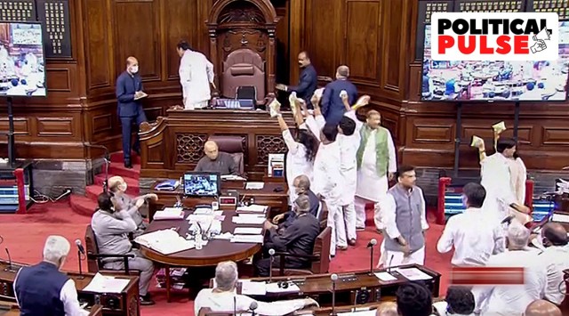 Opposition members stage a protest in the well of the Rajya Sabha during ongoing Monsoon Session of Parliament, in New Delhi, Wednesday, July 20, 2022. (Sansad TV/PTI Photo)