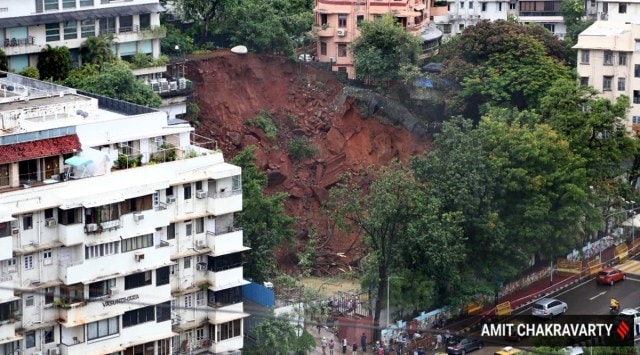 A land slide took place near an underconstruction building at Peddar Road in South Mumbai on Friday.
(Express Photo by Amit Chakravarty)