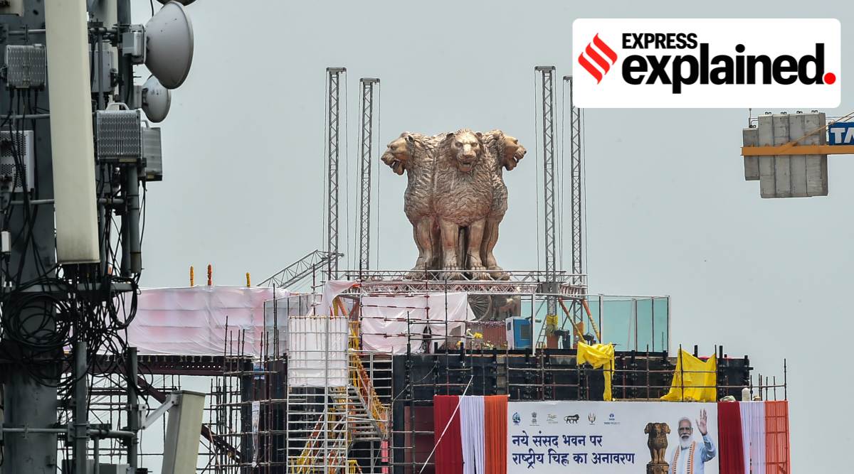 View of the national emblem, which was unveiled by Prime Minister Narendra Modi cast on the roof of New Parliament House building, in New Delhi, Monday, July 11, 2022.  (PTI Photo)