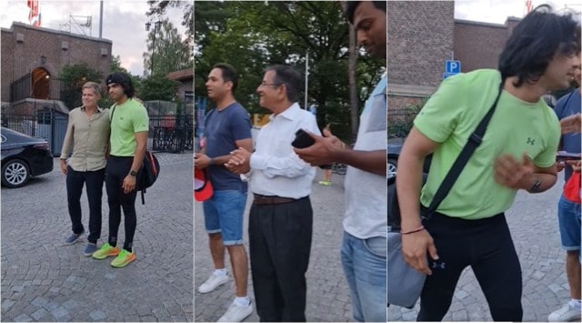 Neeraj Chopra, Neeraj Chopra Stockholm, Neeraj Chopra touch fan feet, Neeraj Chopra Diamond League fan video, indian express