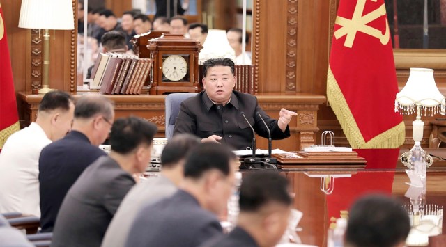 North Korean leader Kim Jong Un attends a meeting of the Workers' Party of Korea in Pyongyang, North Korea. (Korean Central News Agency/Korea News Service via AP)