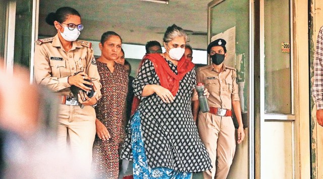 Activist Teesta Setalvad outside Gheekanta metropolitan court on Sunday. (Express photo by Nirmal Harindran)