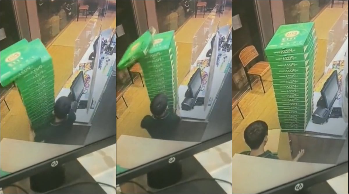 pizza guy catches boxes, pizza guy great reflex, pixxa guy catches box video, viral videos, spiderman memes, indian expresspizza guy catches boxes, pizza guy great reflex, pixxa guy catches box video, viral videos, spiderman memes, indian express