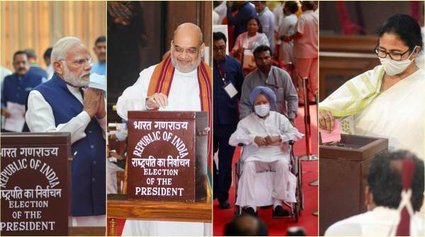 Narendra Modi; Amit Shah; Manmohan Singh; Mamata Banerjee cast votes.