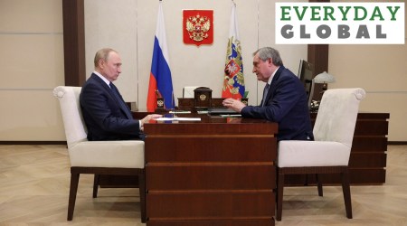 Russian President Vladimir Putin attends a meeting with Energy Minister Nikolay Shulginov in Moscow on July 21. (Sputnik/Kremlin via Reuters)