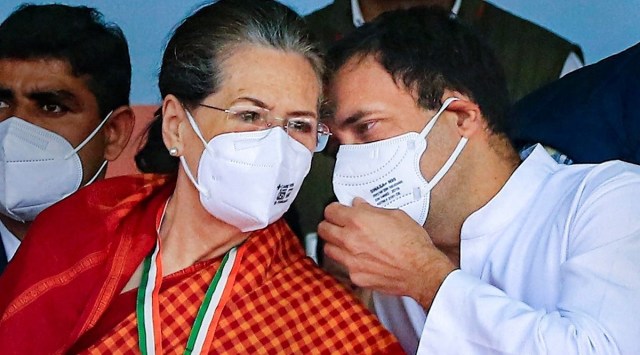 Congress president Sonia Gandhi and MP Rahul Gandhi, during the party's 'Mehangai Hatao Rally' against the central government, in Jaipur. (PTI, file)