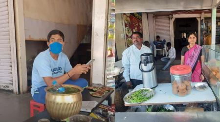 Sanket Mahadev Sargar at tea stall and his parents. (Express photo)