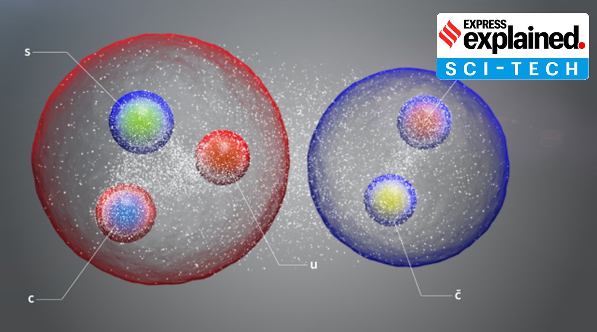 The new pentaquark, illustrated here as a pair of standard hadrons loosely bound in a molecule-like structure, is made up of a charm quark and a charm antiquark and an up, a down and a strange quark (Image: CERN)