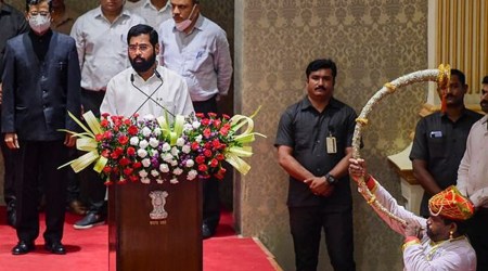 Shiv Sena leader Eknath Shinde takes oath as Chief Minister of Maharashtra during a ceremony, at Raj Bhavan in Mumbai, Thursday, June 30, 2022. (PTI Photo)