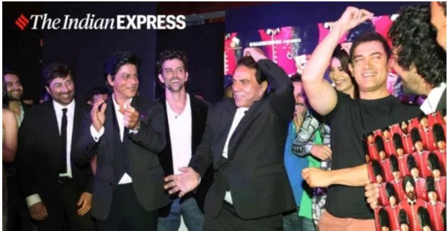Hrithik Roshan, Shah Rukh Khan and Aamir Khan shaking a leg with Dharmendra and Sunny Deol at a promotional event of Yamla Pagla Deewana. (Photo: Express Archives)