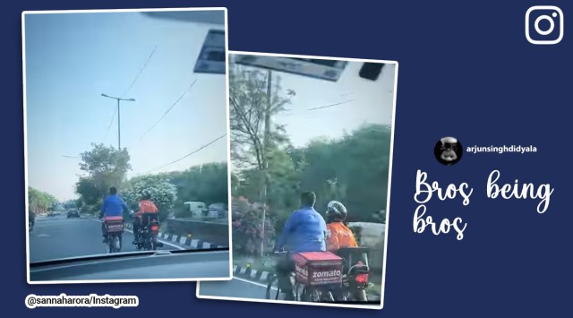 Swiggy delivery agent helps zomato delivery agent, swiggy zomato delivery agent friendship, viral video swiggy zomato, swiggy agent on bike helps zomato man on cycle, Indian Express