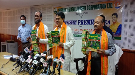 Tripura Chief Minister Manik Saha (middle) launches Tripureshwari Premium Tea at Agartala.