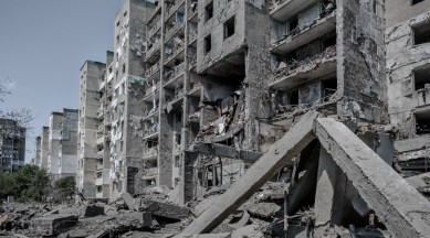 A residential tower hit by a Russian missile in the Serhiivka village of the Bilhorod-Dnistrovskyi district, southwest of Odesa, Ukraine, July 1, 2022. (Laetitia Vancon/The New York Times)