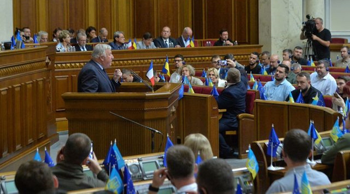 French Senate President Gerard Larcher addresses Ukrainian lawmakers during a parliament session, as Russia's attack on Ukraine continues, in Kyiv, Ukraine July 9, 2022. (REUTERS/Stringer)