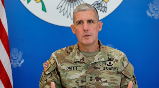 US Commanding General for the 7th Infantry Division Major General Stephen G. Smith speaks during a news conference ahead of the Super Garuda Shield 2022 joint exercise, at the US embassy in Jakarta, Indonesia, July 29, 2022. (REUTERS/Willy Kurniawan)