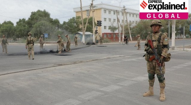 Uzbek service members are seen in Nukus, capital of the northwestern Karakalpakstan region, Uzbekistan   (KUN.UZ/Handout via REUTERS) 