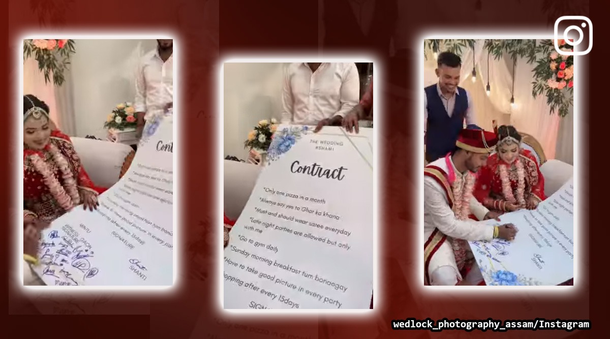 Couple signs a contract after their wedding ceremony